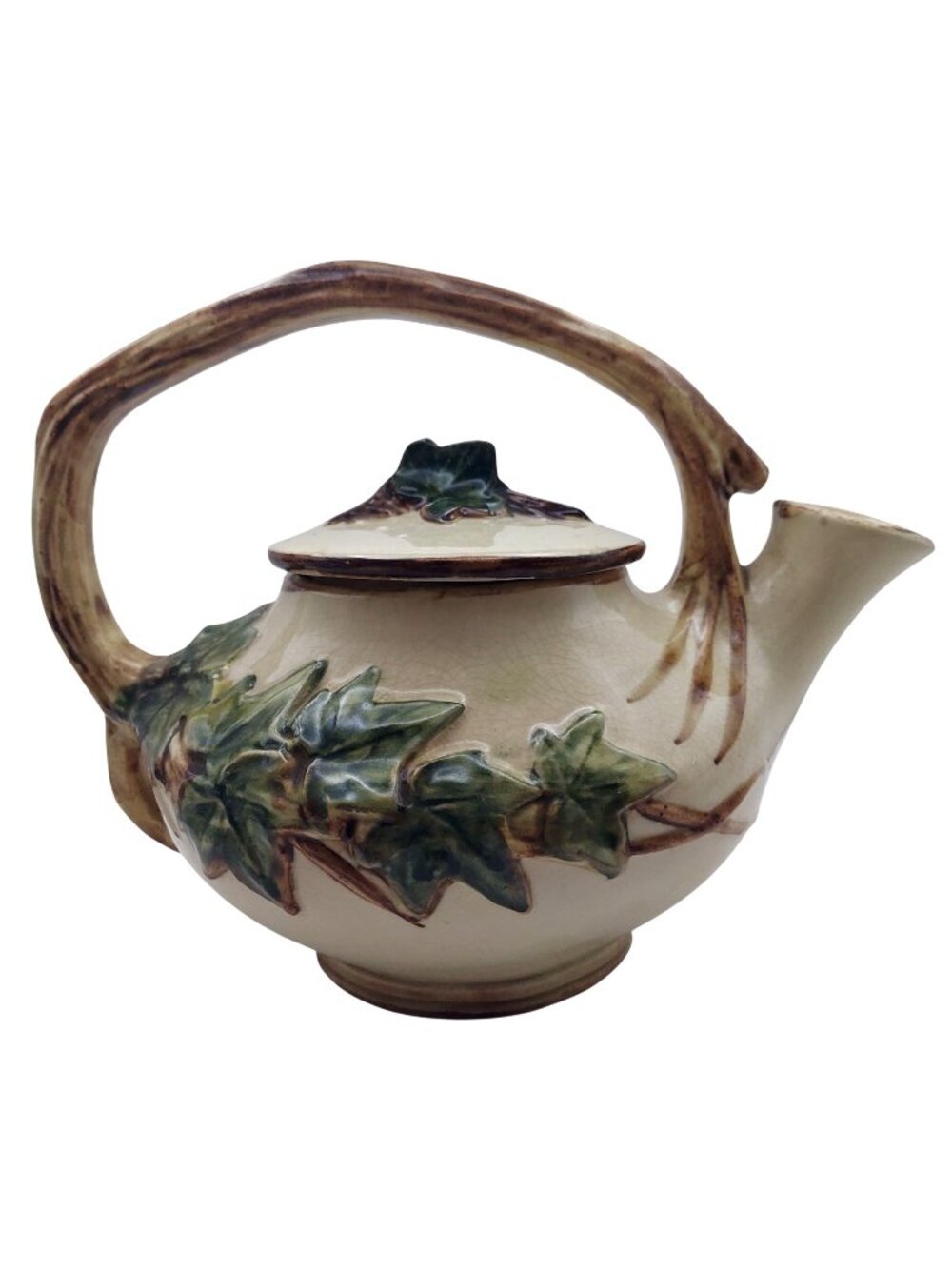McCoy Pottery Ivy Teapot Tree Branch Handle Matching Lid Ceramic MCM Vtg 1940s